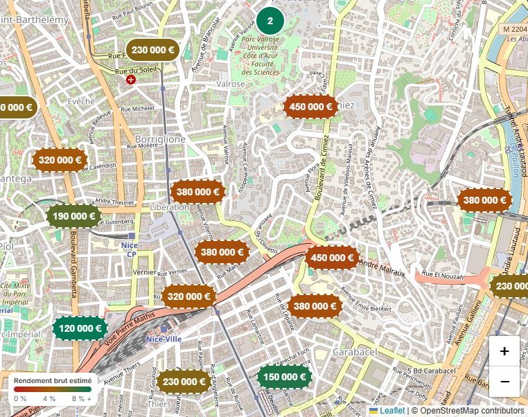 Aperçu de la carte de Nice dans bonplan.immo, avec de nombreuses annonces fictives colorées selon leur rendement brut estimé.